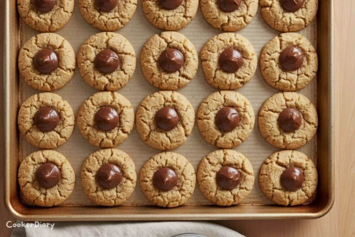 Top-down view of peanut butter blossom cookies topped with Hershey’s Kisses