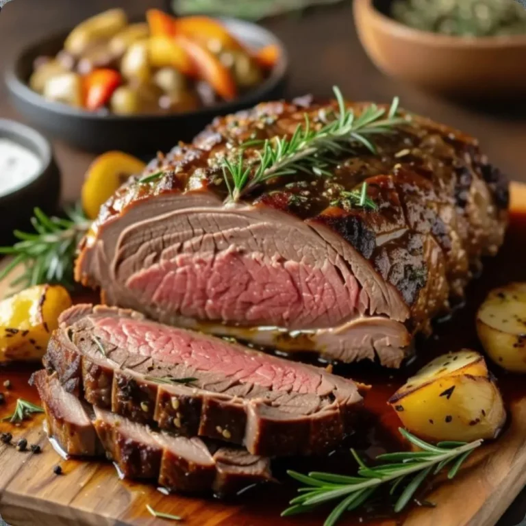 A succulent Pikes Peak roast served with herbs and vegetables, showcasing its rich flavor and tender texture.