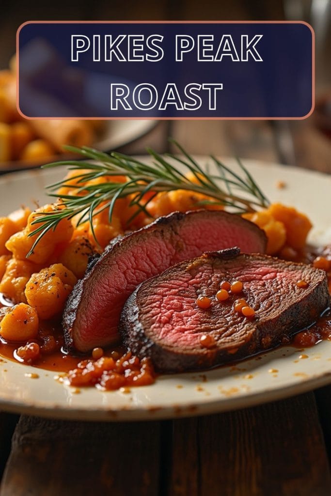 A juicy and tender Pikes Peak roast placed on a cutting board, surrounded by herbs and vegetables.