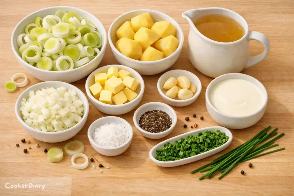 Flat lay of leeks, potatoes, cream and stock for Potage Parmentier