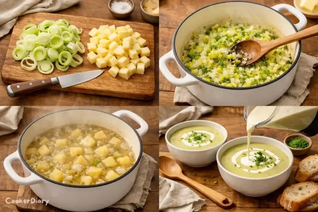 Four-step composite showing how to make Potage Parmentier