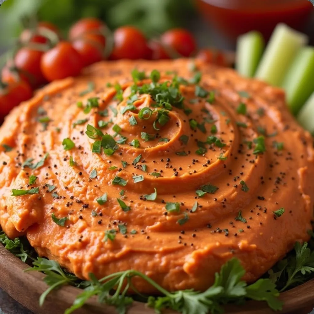 A creamy smoked salmon dip served in a bowl with fresh herbs, lemon wedges, and crispy crackers on the side.