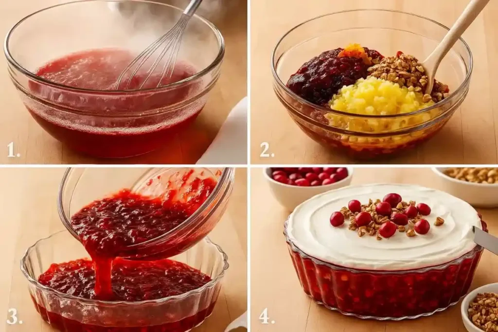 Four-step composite showing how to make cranberry Jello salad with creamy topping.