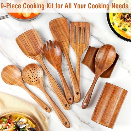 9 Piece Natural Teak Wooden Kitchen Utensil Set with Spoon Rest