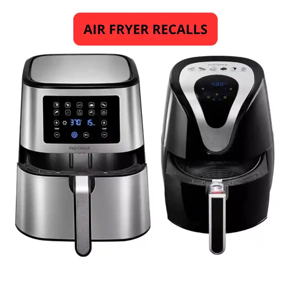 Image showing a warning label and air fryer being recalled for safety concerns.