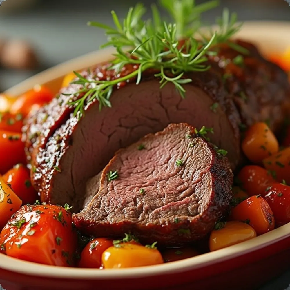 A succulent, slow-cooked chuck roast on a cutting board with rich juices and herbs sprinkled around it.