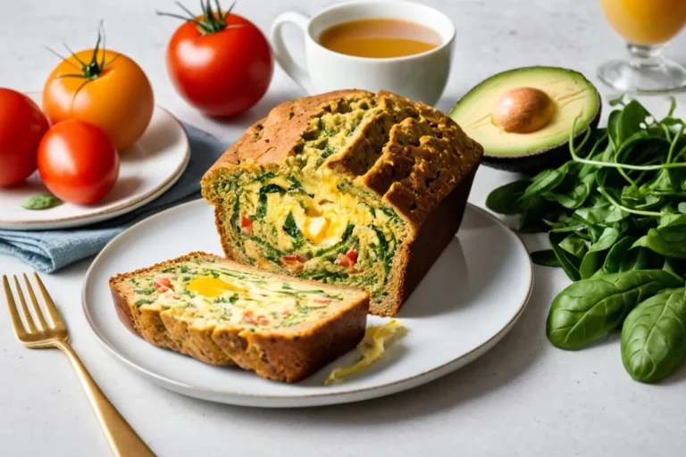 Vegan egg loaf served with fresh vegetables and herbs, perfect for a healthy breakfast.