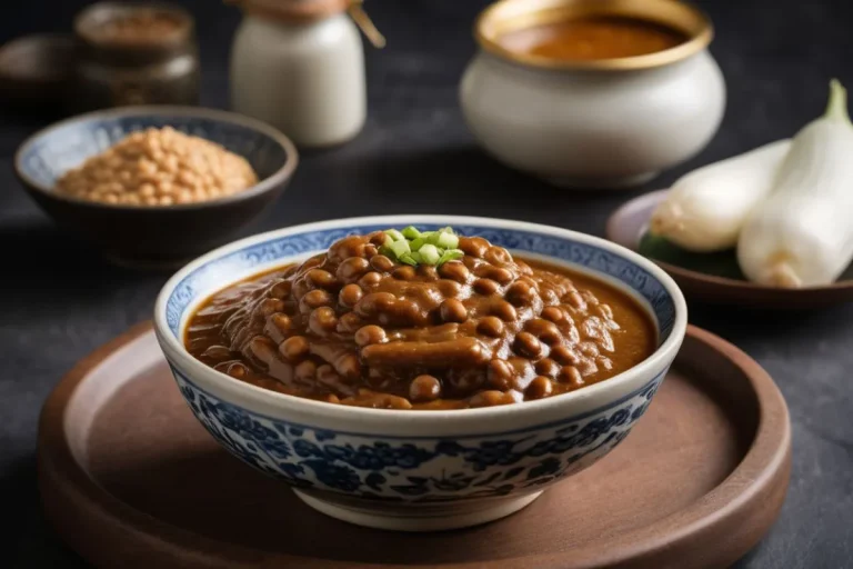 A bowl of homemade soybean paste on a rustic wooden countertop with ingredients for fermentation.