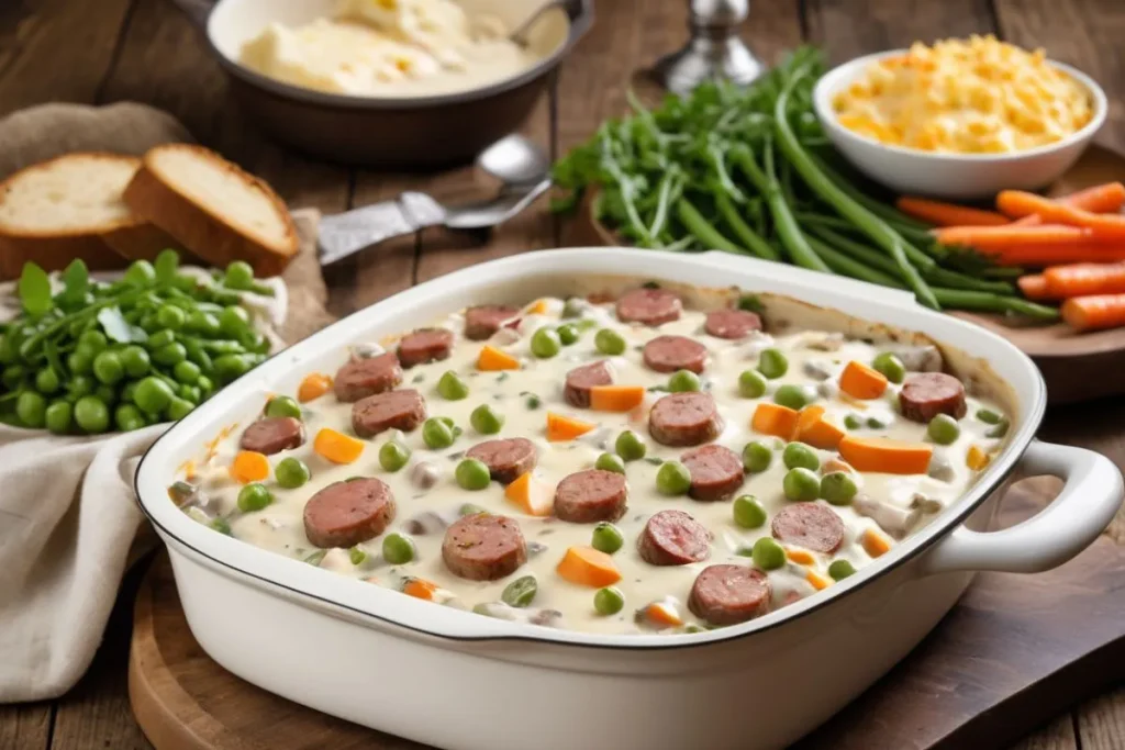 A rustic casserole dish filled with a creamy white gravy casserole layered with colorful vegetables, slices of venison sausage, and melted cheddar cheese, served with fresh green salad and crusty bread.