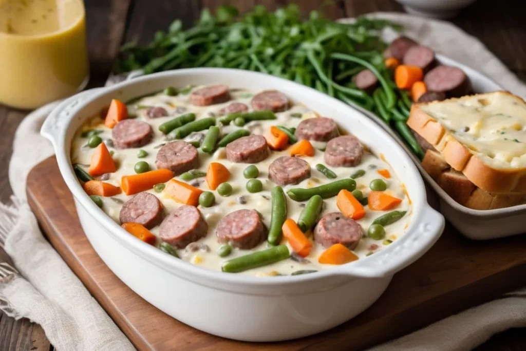 White Gravy Casserole with Vegetables and Venison Sausage, topped with melted cheddar cheese, served in a rustic dish on a wooden table with a side of green salad and crusty bread.
