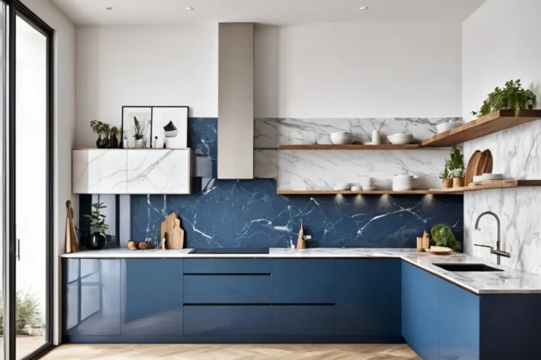 Elegant blue kitchen cabinets design with modern fixtures and stylish accents.