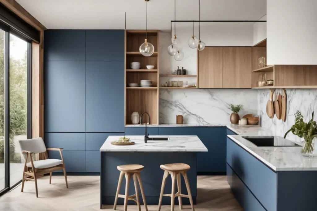 A beautifully designed kitchen featuring blue cabinetry, tiles, and accents, showcasing the versatility of blue in modern kitchen designs.