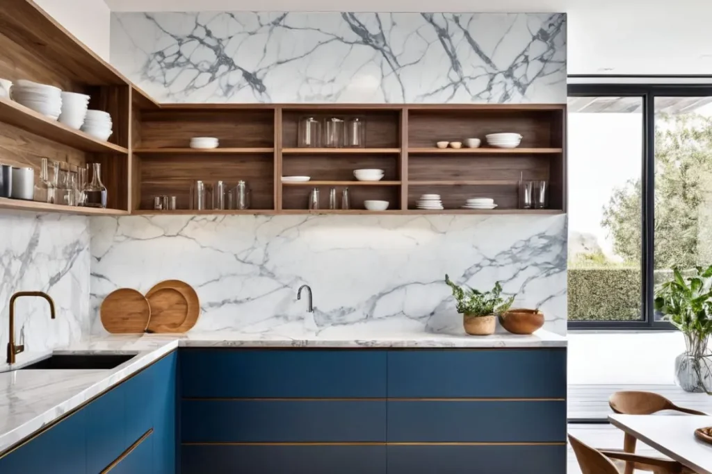 Blue kitchen cabinets creating a serene and calming atmosphere in the kitchen.