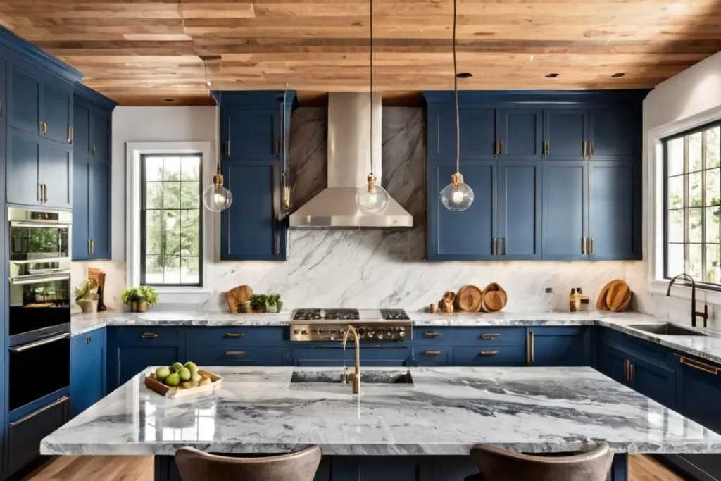 Blue kitchen cabinets paired with stylish countertops for a modern kitchen design.
