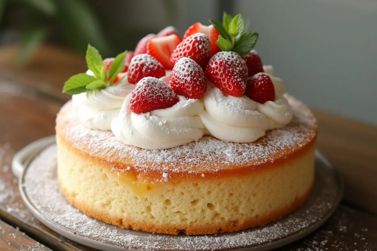 A light and fluffy cloud cake served on a breakfast table with fresh fruits and tea.