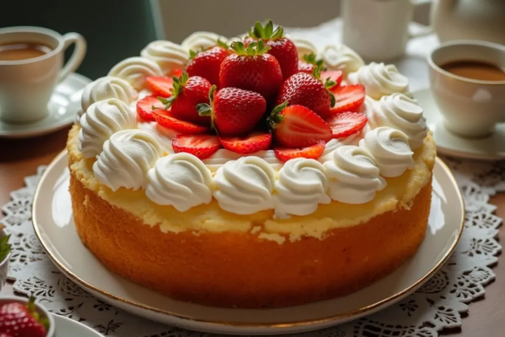 Cloud cake dessert served on a breakfast table with fresh fruit and a light, fluffy texture.