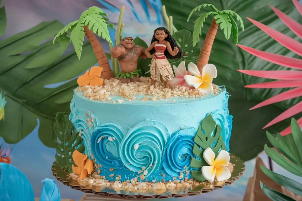 Moana-themed tropical cake decorated with ocean waves, palm trees, and figurines of Moana and Maui.