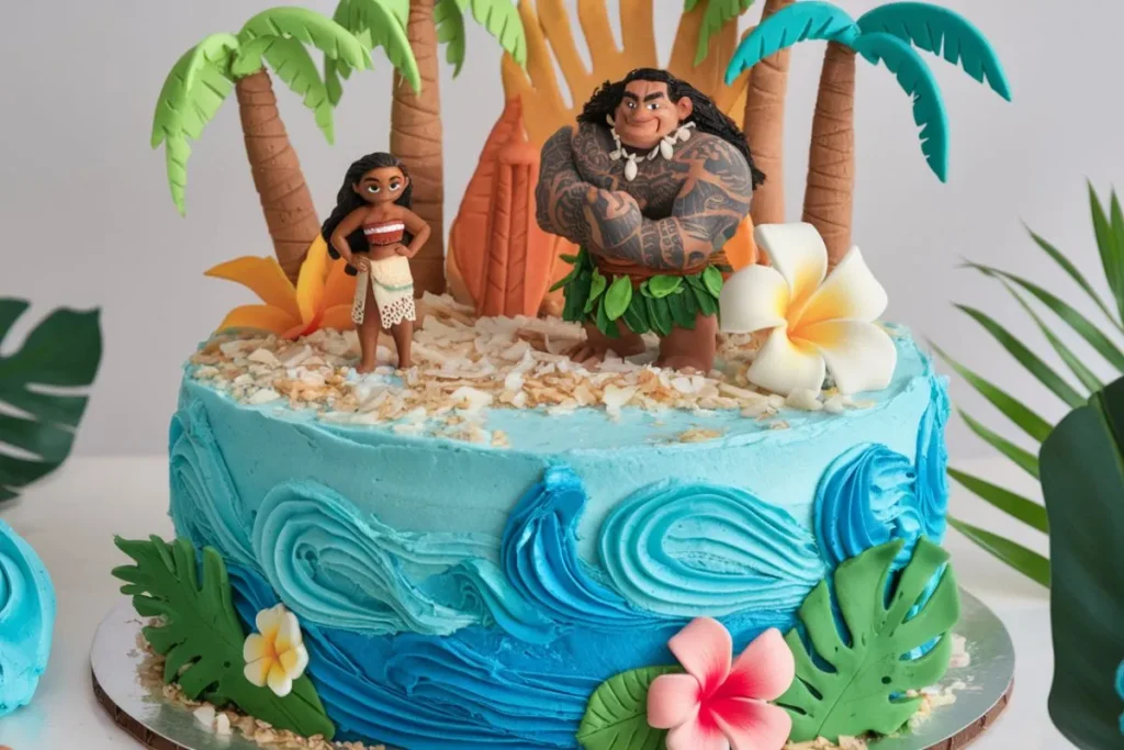 Moana-themed birthday cake decorated with ocean waves, tropical flowers, and fondant palm trees.