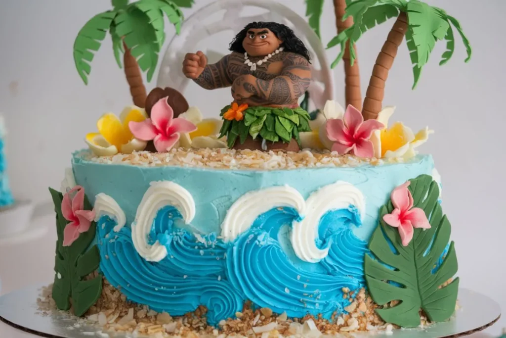 Moana cake design with Maui figurine and tropical ocean-inspired decorations.