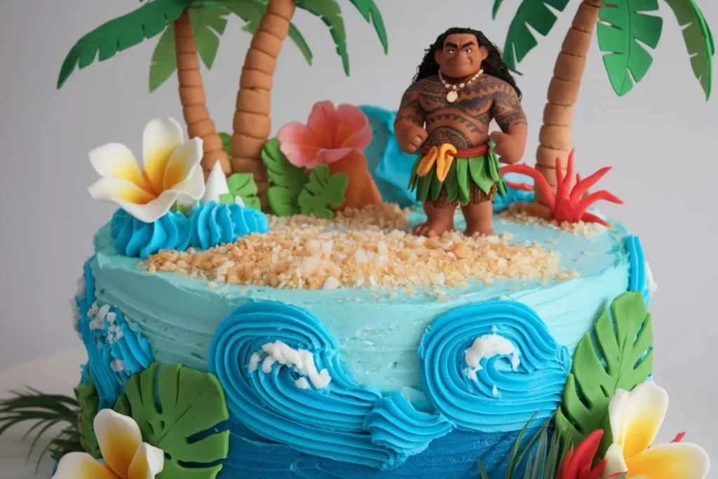 Moana cake design with a Maui figurine topping, featuring ocean waves and tropical decorations.