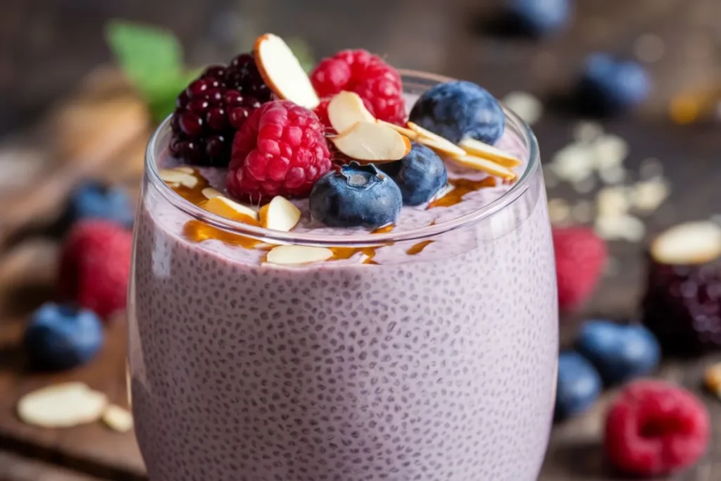 Blended chia pudding in a glass topped with fresh berries and almond slices.