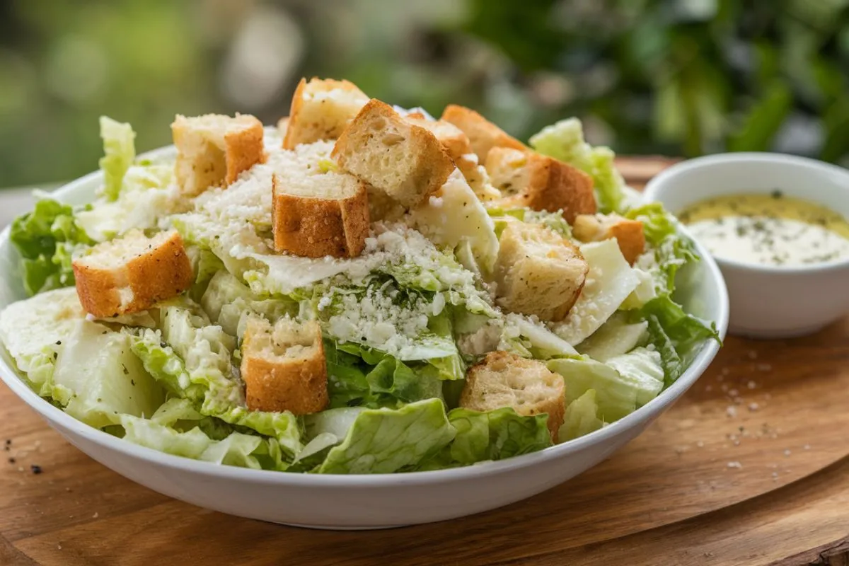 A creamy bowl of Caesar salad dressing with a wooden spoon on the side, surrounded by fresh garlic, Parmesan cheese, and a lemon wedge.
