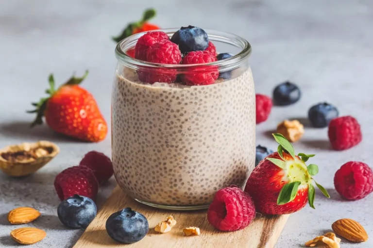 A delicious blended chia pudding topped with fresh fruit and nuts, served in a glass bowl.
