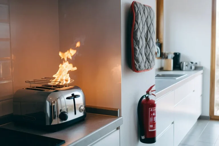 A kitchen fire with flames rising from a toaster, surrounded by cooking utensils and smoke.