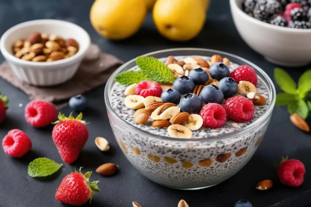  Perfect blended chia pudding bowl topped with fresh fruits and nuts for a healthy breakfast.