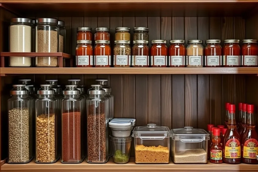 Organized pantry with essential ingredients for cooking authentic Asian dishes.