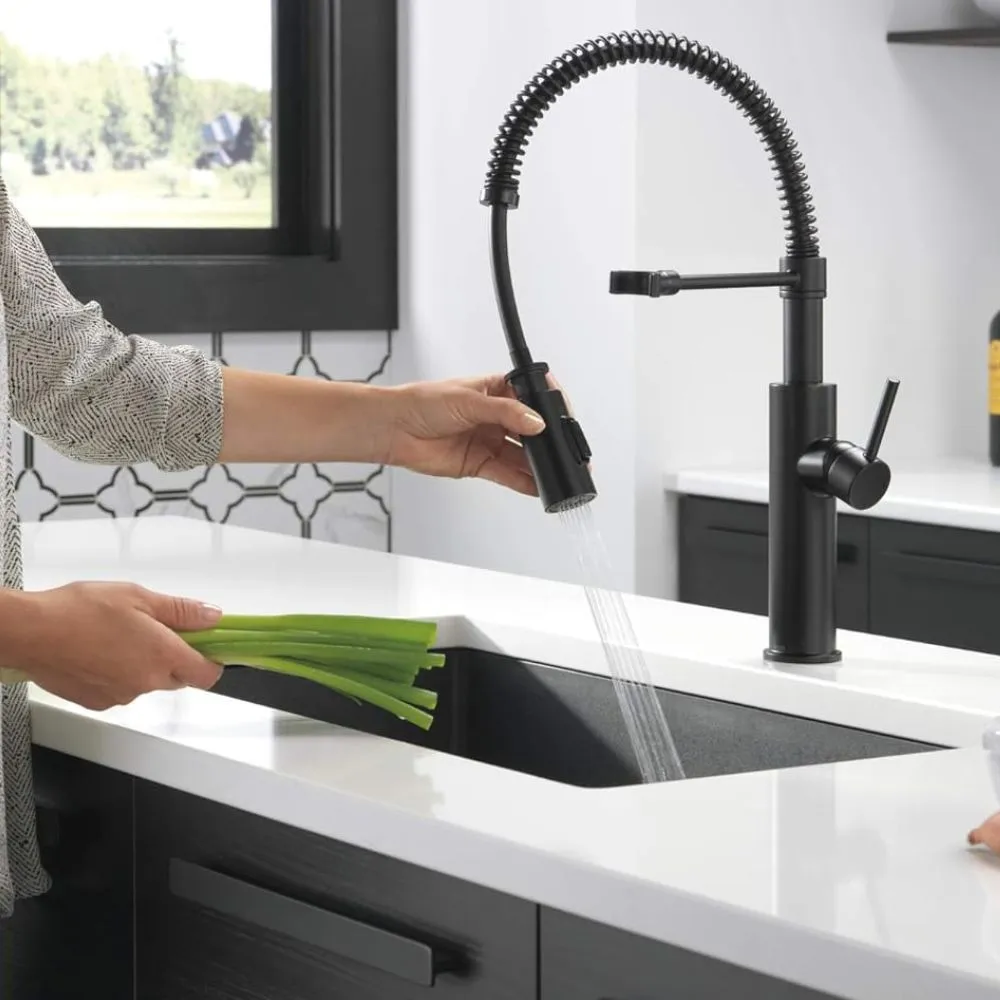 Sleek black kitchen faucet with a modern high-arc design.