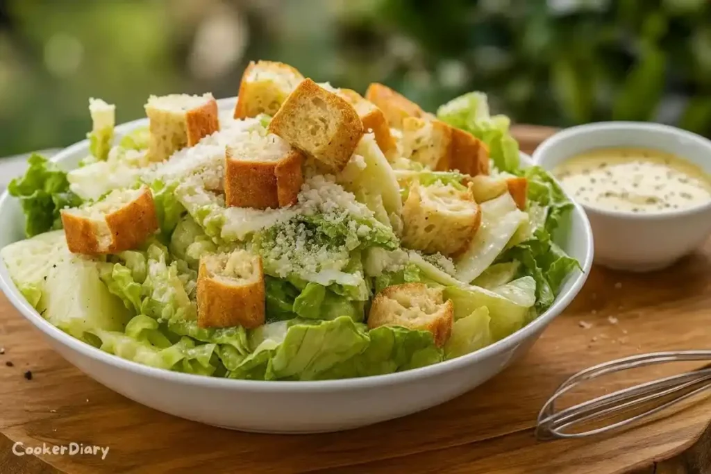 Top-down view of creamy Caesar salad dressing in white bowl with ingredients nearby.