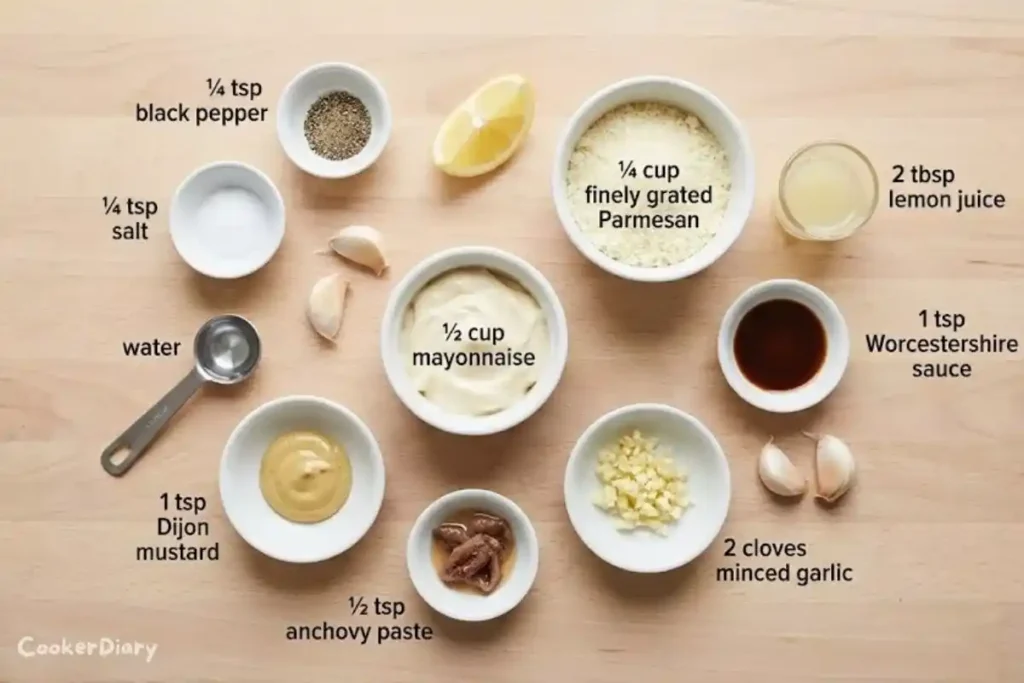 Flat-lay of Caesar salad dressing ingredients on a wooden counter.