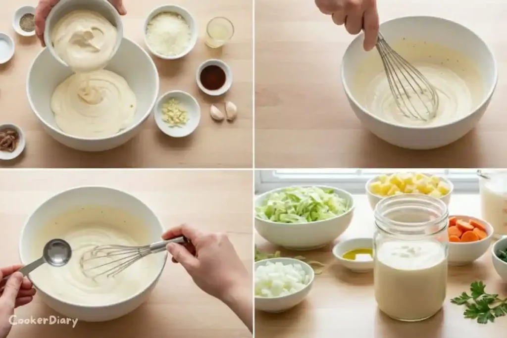 Four-step composite showing preparation of the dressing from mixing to storing.