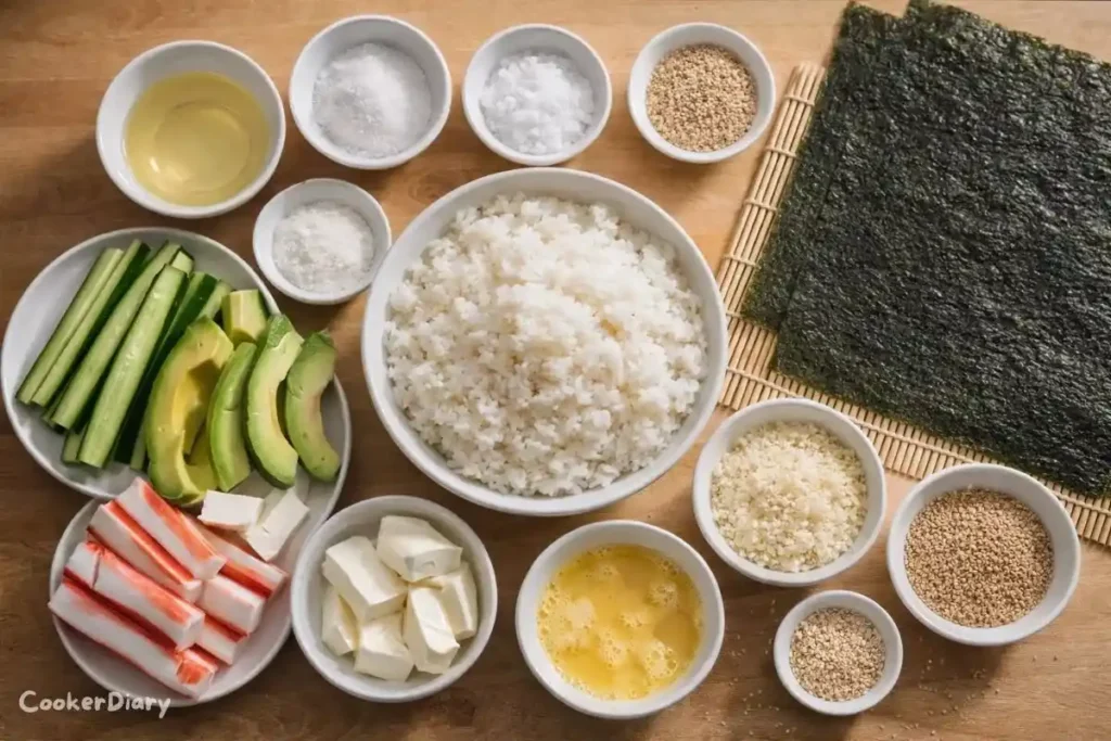 Flat-lay of raw ingredients for golden California roll sushi on a wooden surface.
