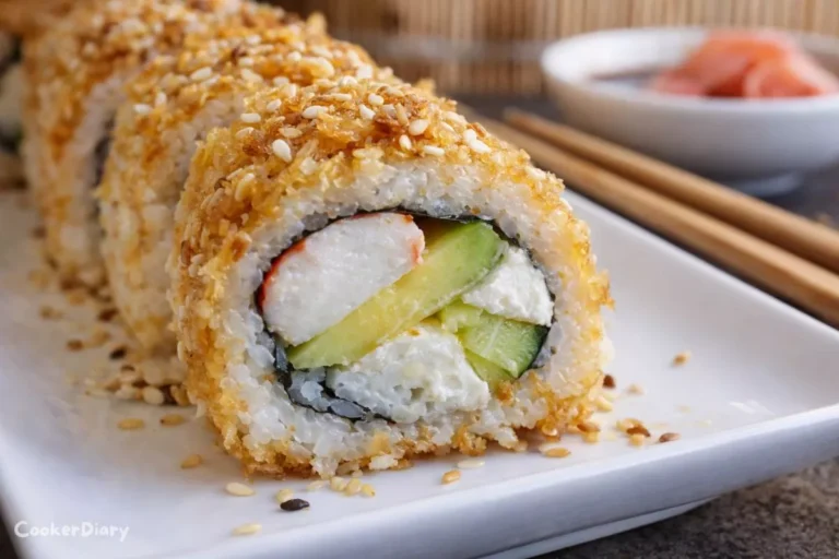 Angled close-up of golden California roll sushi showing crispy exterior and creamy interior.