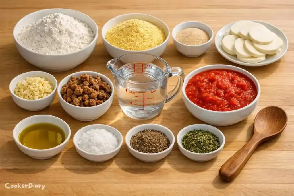 Flat-lay of deep dish pizza ingredients on wooden counter.