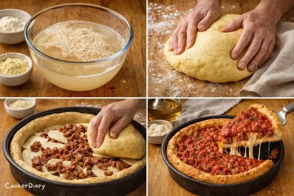 Step-by-step composite showing Chicago deep dish pizza preparation.