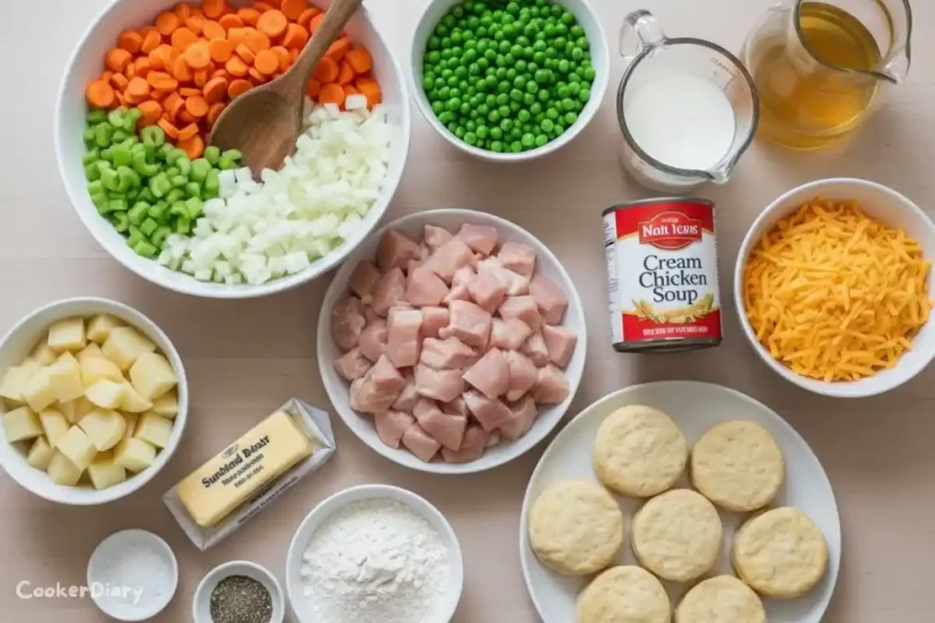 Flat-lay of raw ingredients for chicken pot pie casserole on wooden surface.