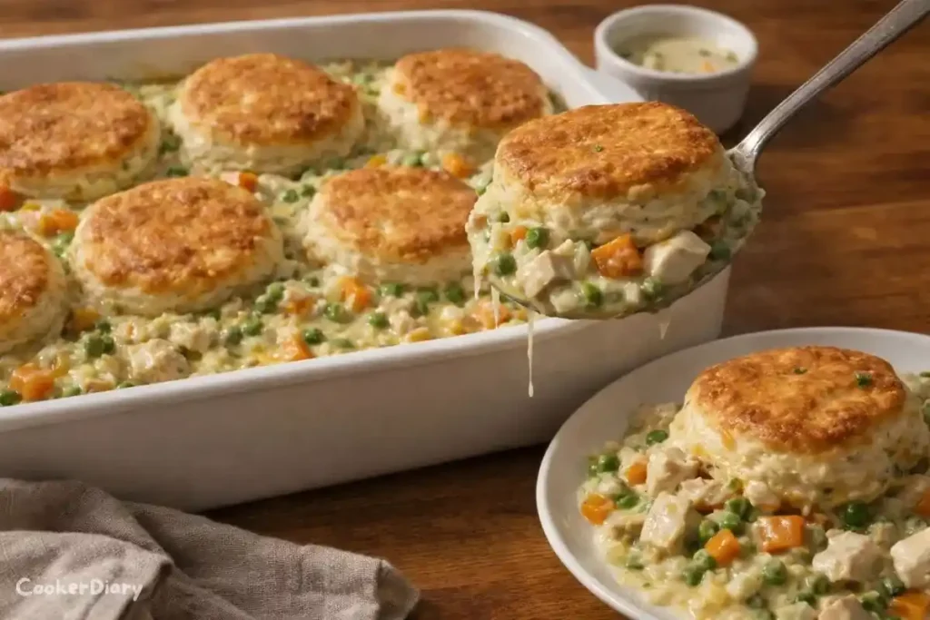 Angled close-up of chicken pot pie casserole slice showing creamy filling and golden biscuits.