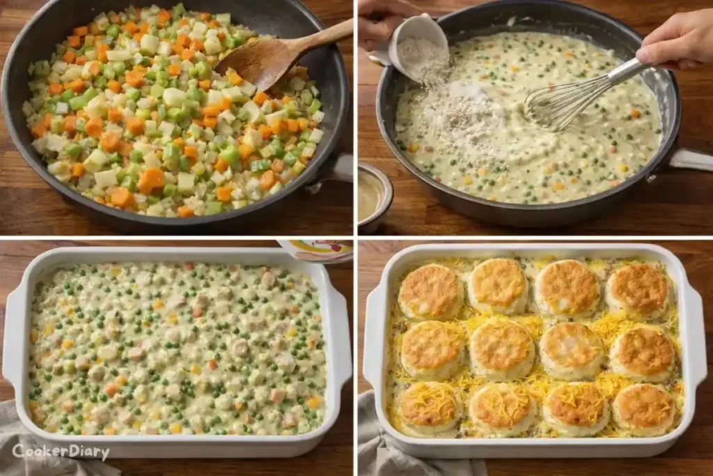 Four-step composite showing how to make the casserole from sautéing to baked dish.