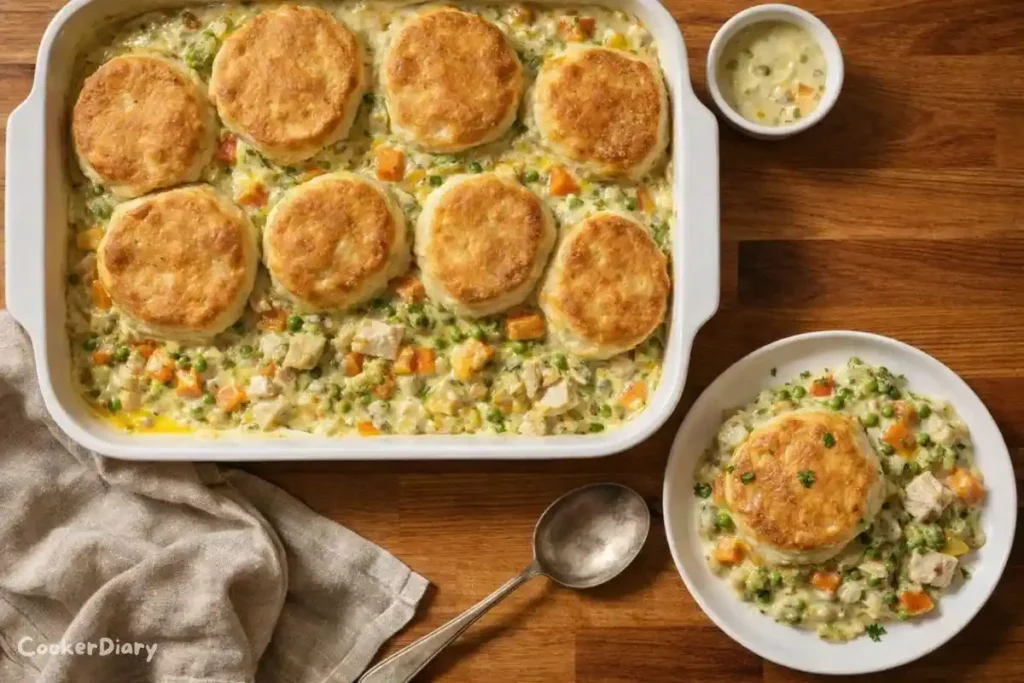 Top-down view of chicken pot pie casserole with golden biscuits in a white baking dish.