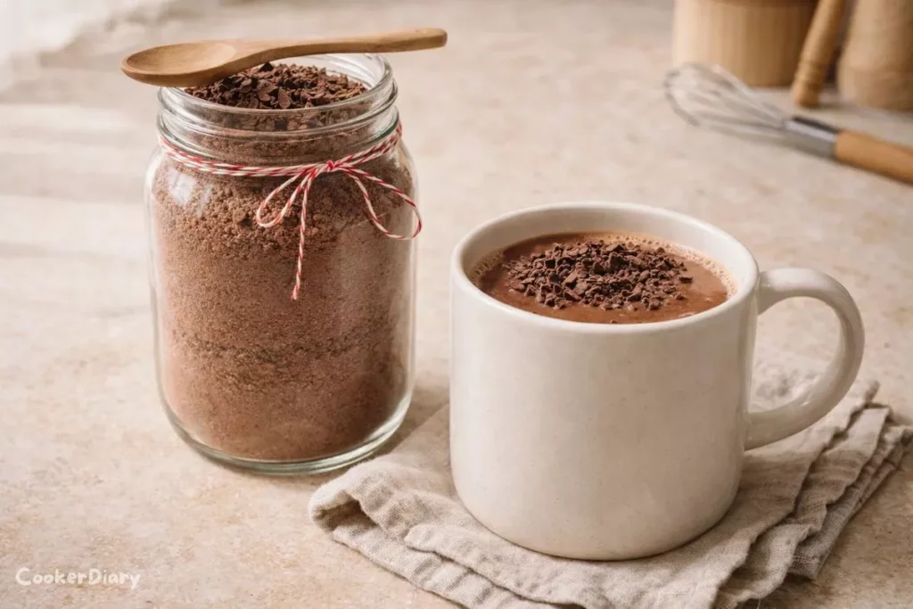 Angled close-up of dairy-free cocoa mix jar and prepared hot cocoa mug