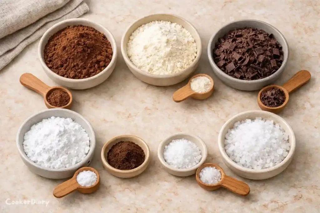 Flat-lay of dairy-free hot cocoa mix ingredients arranged in ceramic bowls