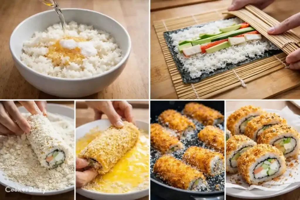 Four-step composite showing how to make sushi from rice prep to frying.