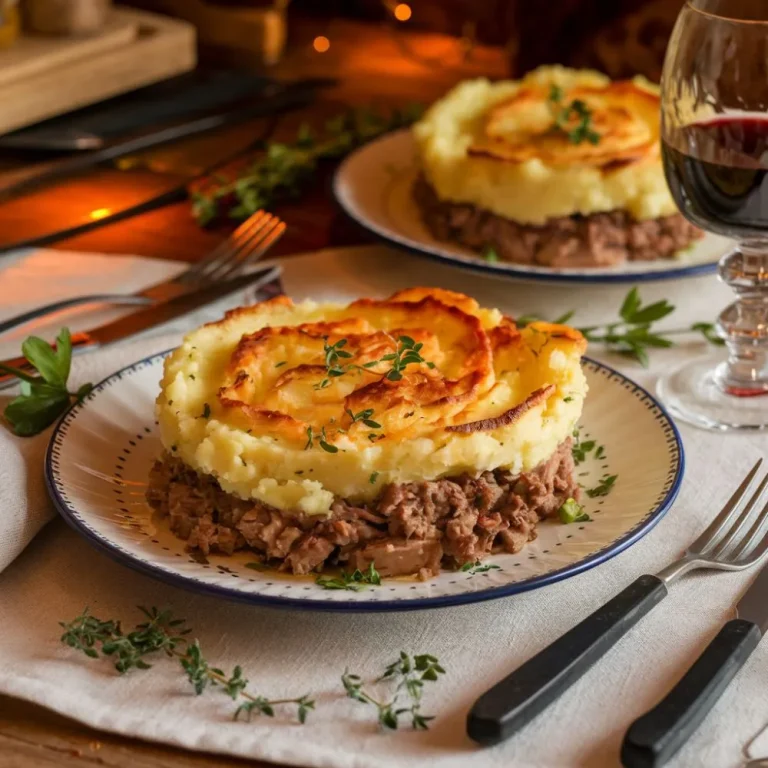 A golden-brown serving of Hachis Parmentier on a white plate, garnished with fresh parsley, with a rustic kitchen backdrop.
