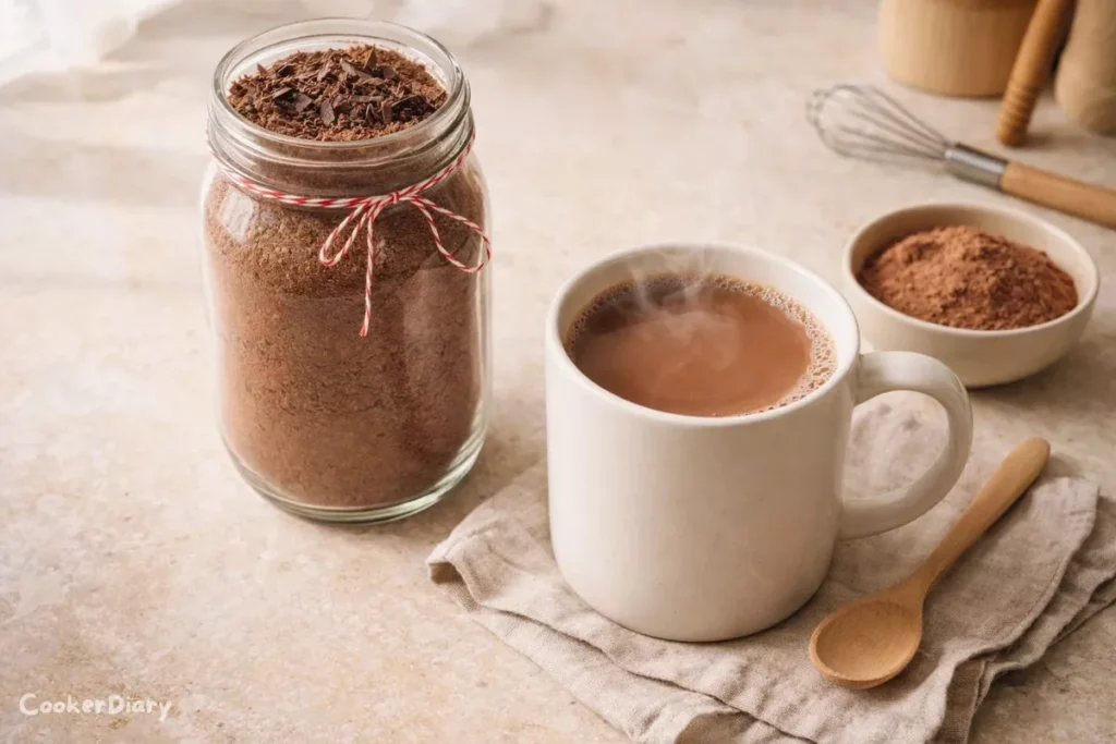 Dairy-free hot cocoa mix in glass jar with prepared creamy plant-based hot chocolate in ceramic mug