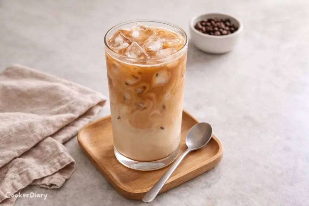 Top-down view of homemade iced latte in a clear glass with layered espresso, milk, and ice cubes on a marble countertop.