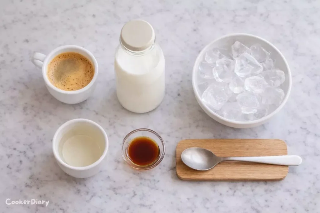 Flat lay of iced latte ingredients including espresso, milk, syrup, vanilla extract, and ice cubes.