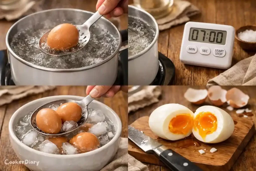 Step-by-step composite of making eggs.
